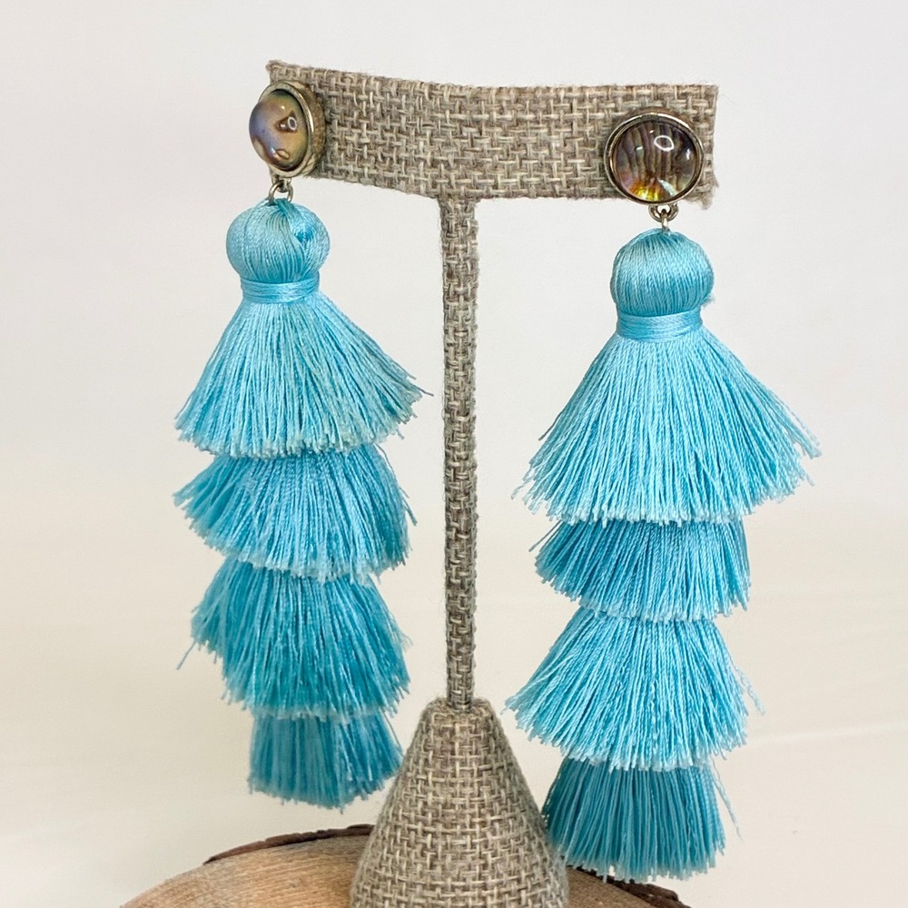 BaubleBar Tassel Earrings Tiered Fringe Turquoise Blue Abalone Shell Statement - Picture 10 of 14